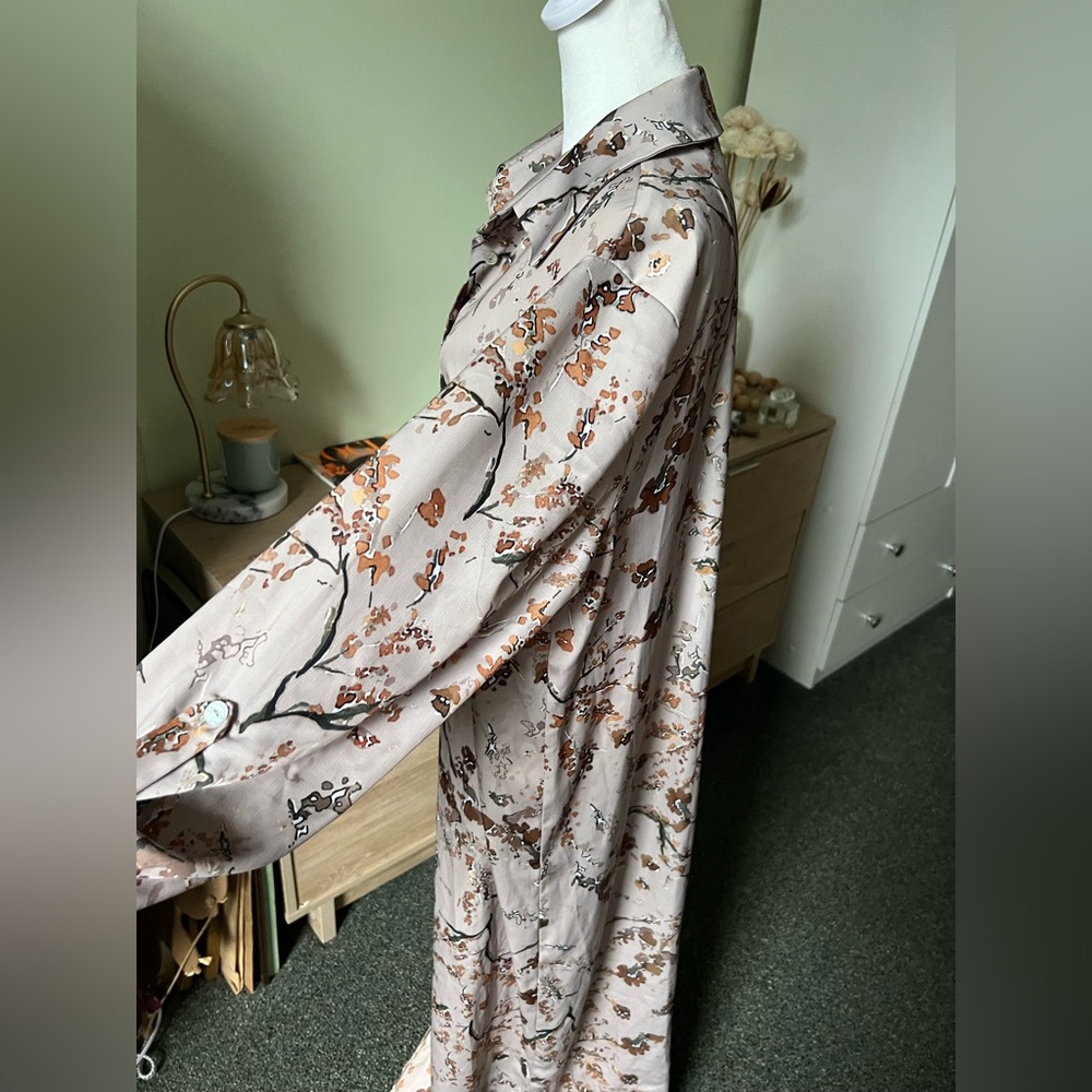Autumnal Print Modest Maxi Button Down Relaxed Fit Long-Sleeve Satin Dress Sz XL